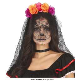 Cerchietto Fiori Viola/Arancione con velo