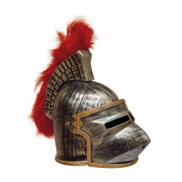 Elmo Medievale Argento con visiera bombata e pennacchio rosso