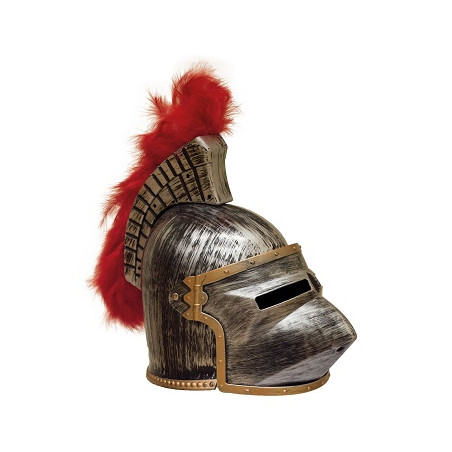 Elmo Medievale Argento con visiera bombata e pennacchio rosso