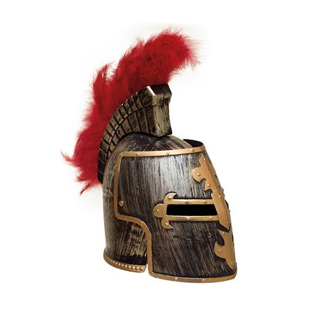 Elmo Medievale Argento con visiera dritta e pennacchio rosso