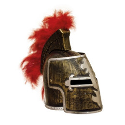 Elmo Medievale Oro con visiera dritta e pennacchio rosso