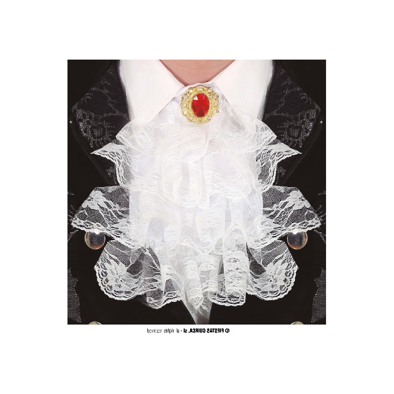 Jabot Bianca in pizzo con gemma rossa