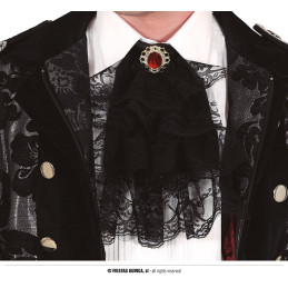 Jabot Nera in pizzo con gemma rossa
