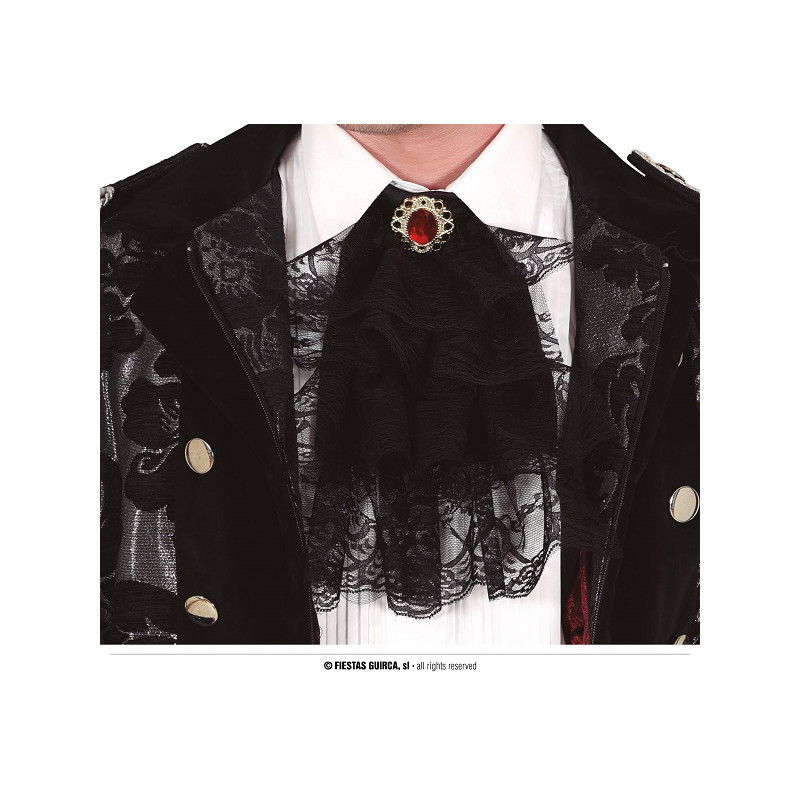 Jabot Nera in pizzo con gemma rossa