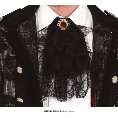 Jabot Nera in pizzo con gemma rossa