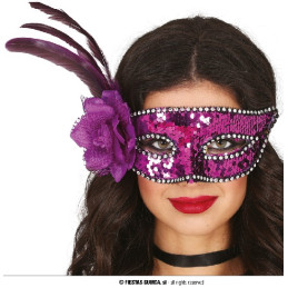 Mascherina Fuxia con pajlettes, fiore e piume