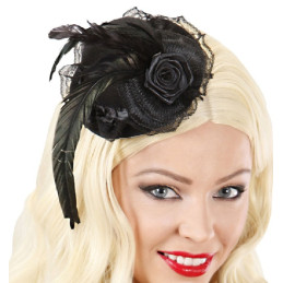 Mini Cappello Nero con fiore, tulle e piuma