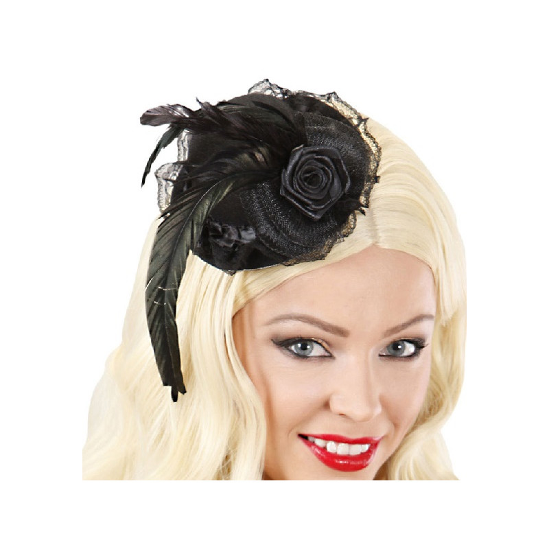 Mini Cappello Nero con fiore, tulle e piuma
