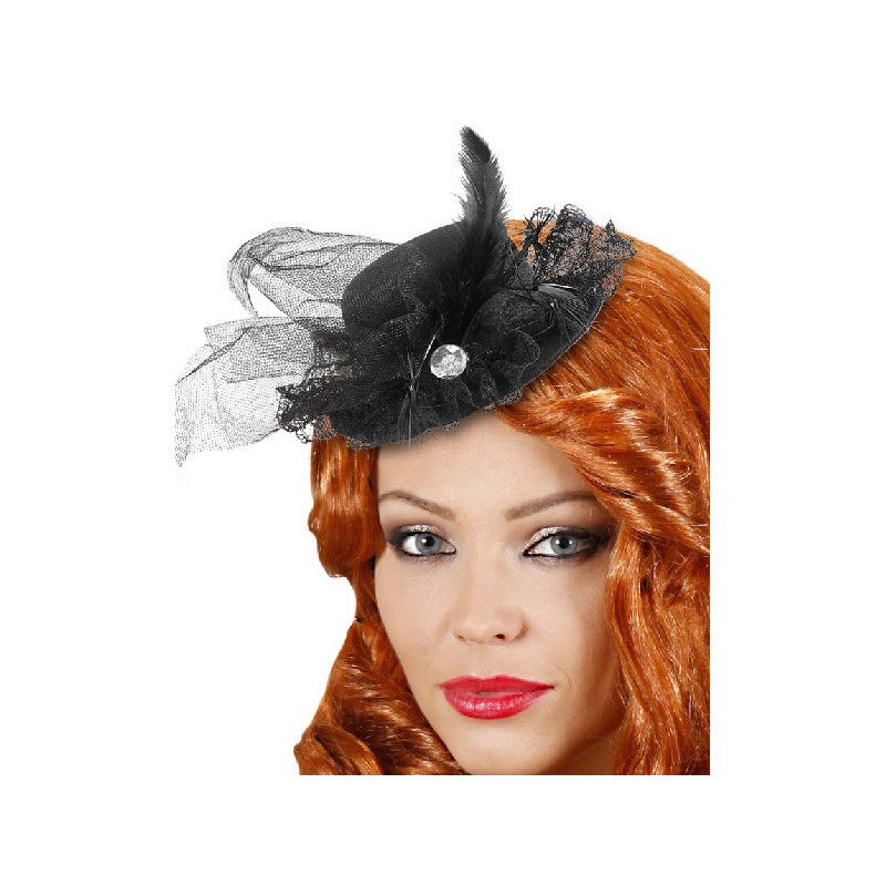 Mini Cappello Nero con gemma e pizzo
