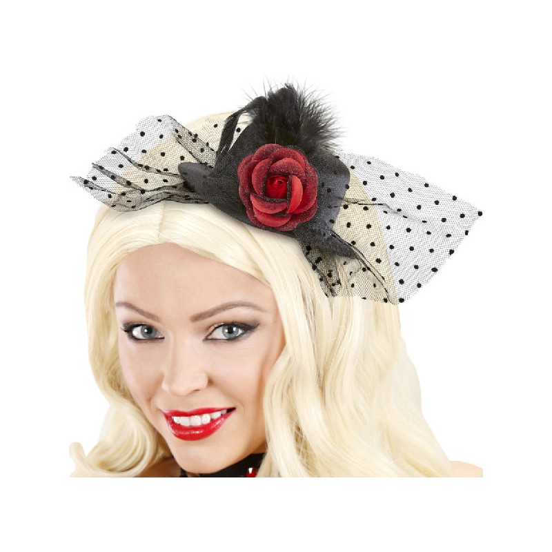 Mini Cappello Nero con rosa e tulle