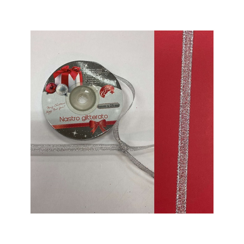 Nastro Argento glitter 6 mm x 25 mt