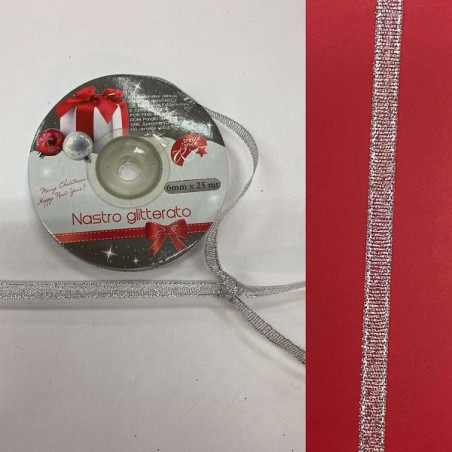 Nastro Argento glitter 6 mm x 25 mt