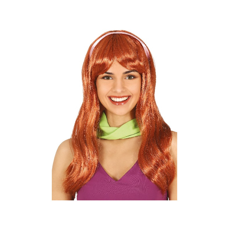 Parrucca Lunga Liscia Rame C/Frangia e nastrino rosa