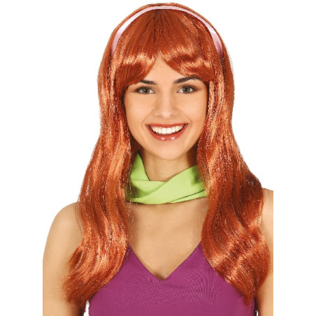 Parrucca Lunga Liscia Rame C/Frangia e nastrino rosa