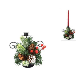 Portacandela in ferro con pigne e bacche 20x20 cm