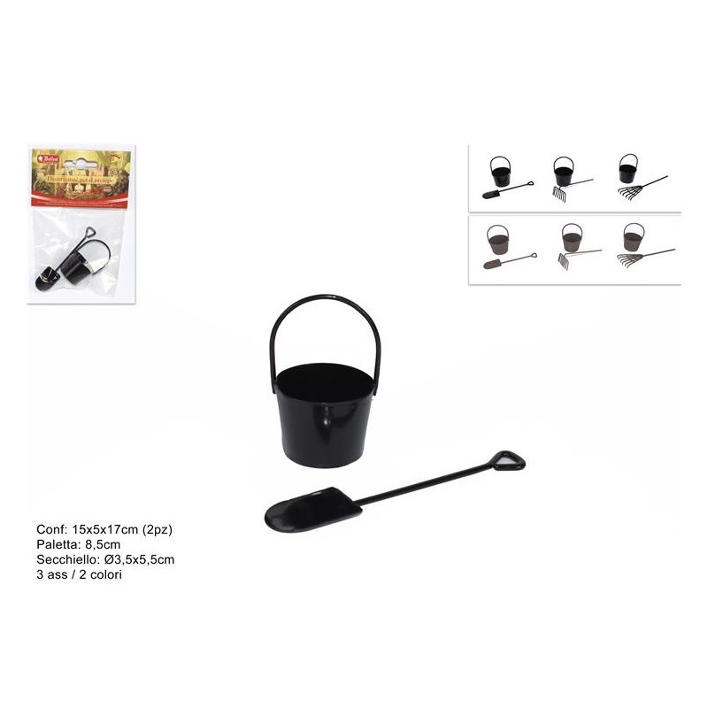 Secchio con pala o rastrello in metallo (cf. 2 pz) - 2 col ass 3 mod ass
