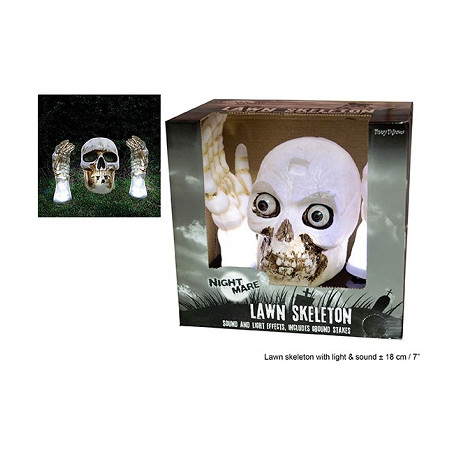 Teschio e mani picchetto con luce e suono horror 18 cm