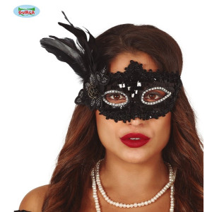 Mascherina Nera con fiore e piuma