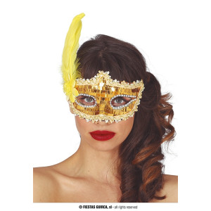 Mascherina Oro con pajlettes e piuma