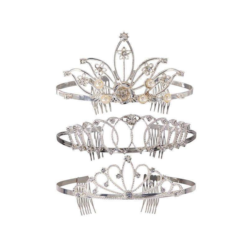 Corona Regina Argento in metallo con brillantini - 3 mod ass