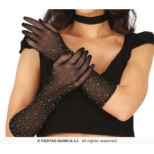 Guanti Neri Rete Lunghi c/strass 30 cm