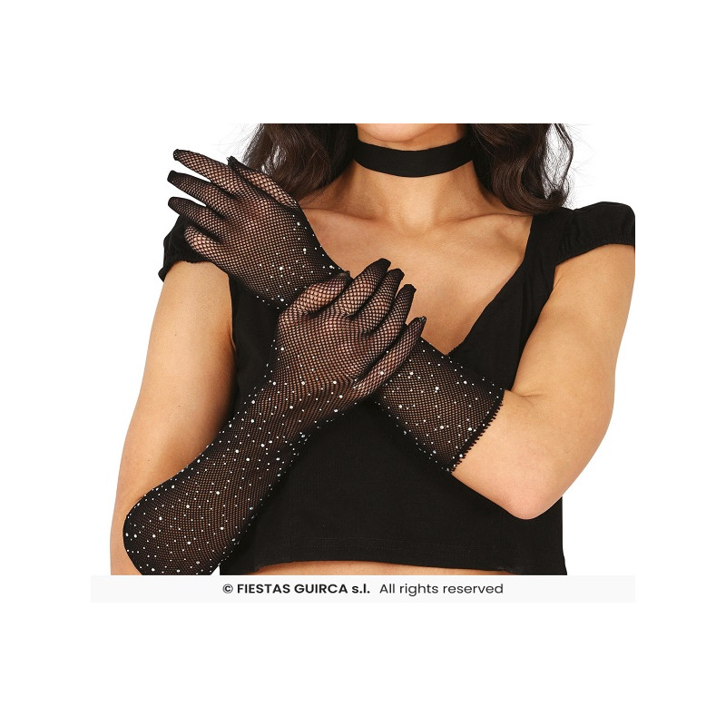 Guanti Neri Rete Lunghi c/strass 30 cm