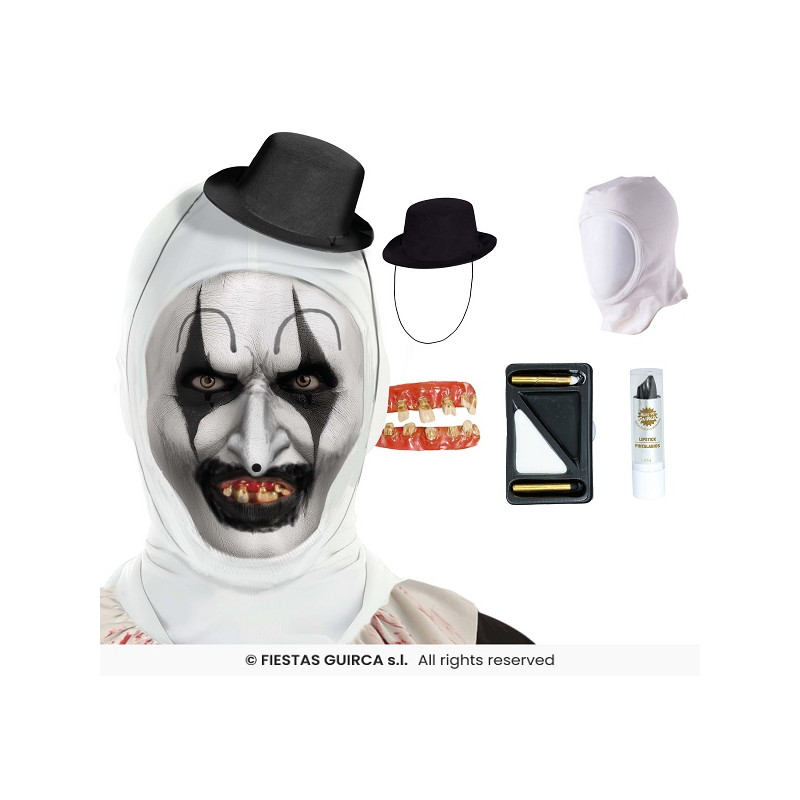 Set Clown Horror Terrifier - 5 pz (Cappuccio, mini capp,dentiera,trucco,rossetto)