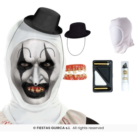 Set Clown Horror Terrifier - 5 pz (Cappuccio, mini capp,dentiera,trucco,rossetto)