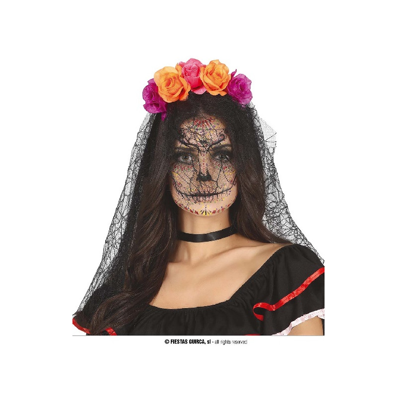 Cerchietto Dia de los Muertos c/Fiori e velo