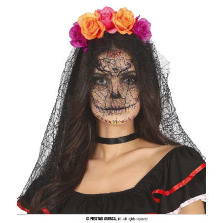 Cerchietto Dia de los Muertos c/Fiori e velo